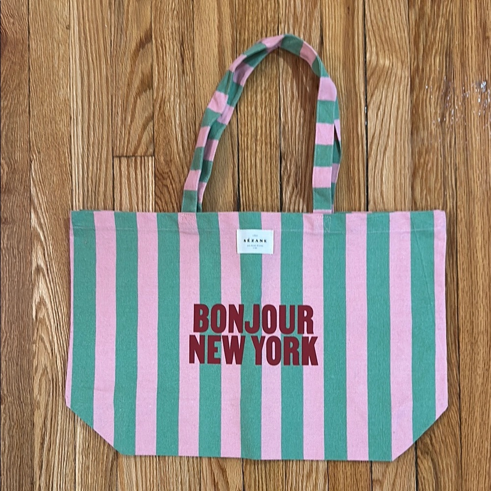 Sezane Bonjour New York Pink and Green Tote